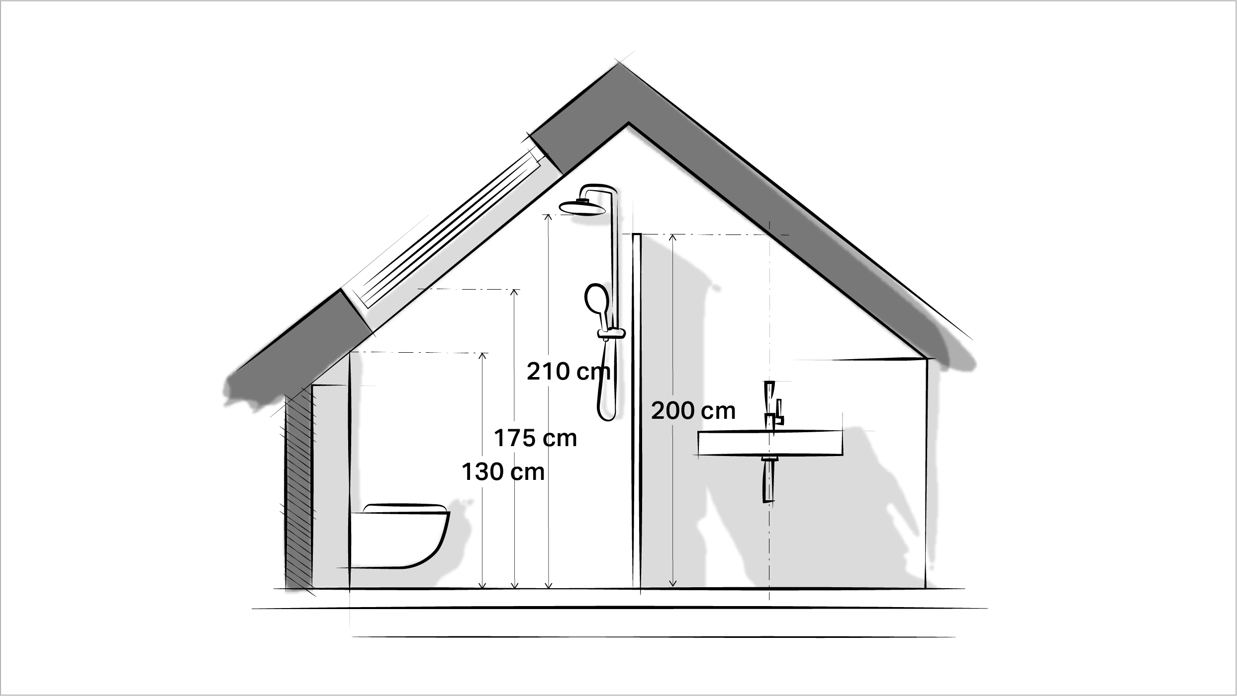Joonistatud vannituba koos andmetega optimaalsete kõrguste kohta katusekorrusel