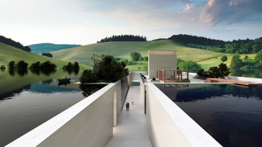 Le projet de la maison « H.O.M.E. Haus 2022 » tel que l'a conçu Hadi Teherani Architects se fond dans un paysage de collines verdoyantes (©Bloomrealities/HTA pour H.O.M.E. Haus 2022)