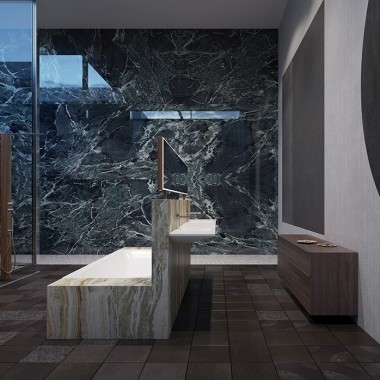 A banheira Geberit e a série de casa de banho Geberit ONE garantem uma aparência geral coerente. (©Bloomrealities/HTA para H.O.M.E. Haus 2022)
